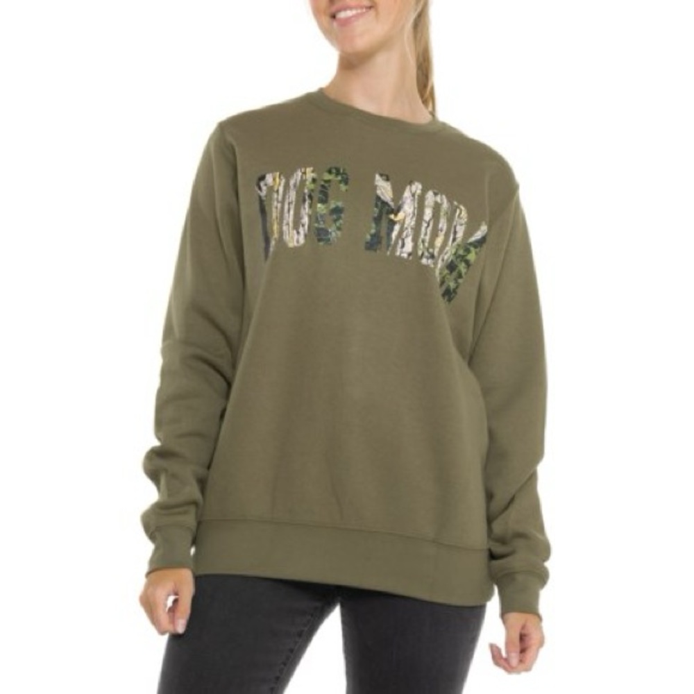 PACIFIC & CO Camo Dog Mom Sweatshirt in Oregano NWT Size M
